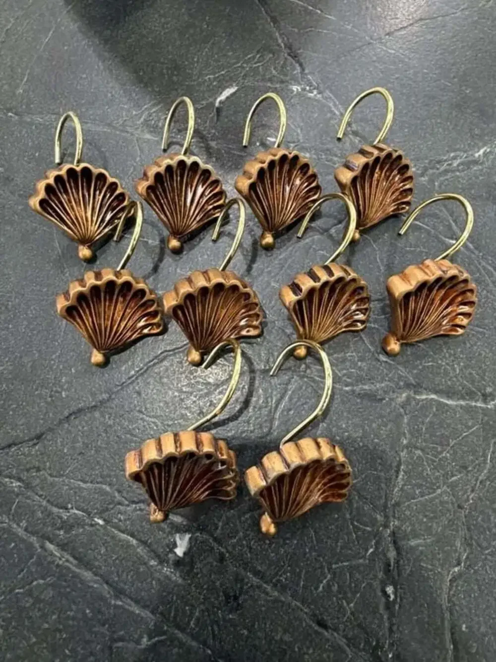 Vintage Brass Tone Scallop Shell Shower Curtain Hooks, Set of 10